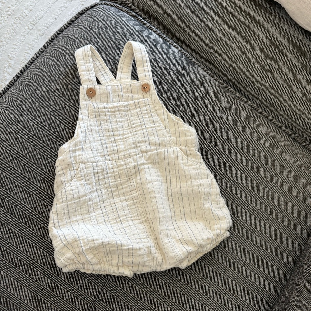 Zara Cream and Blue Overalls with Textured Fabric